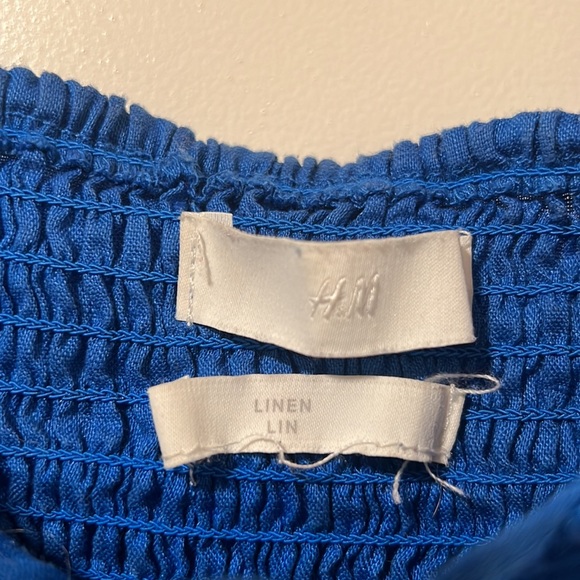 H&M Blue Linen Smocked Puff Sleeve Top- 100% Linen - Picture 4 of 5